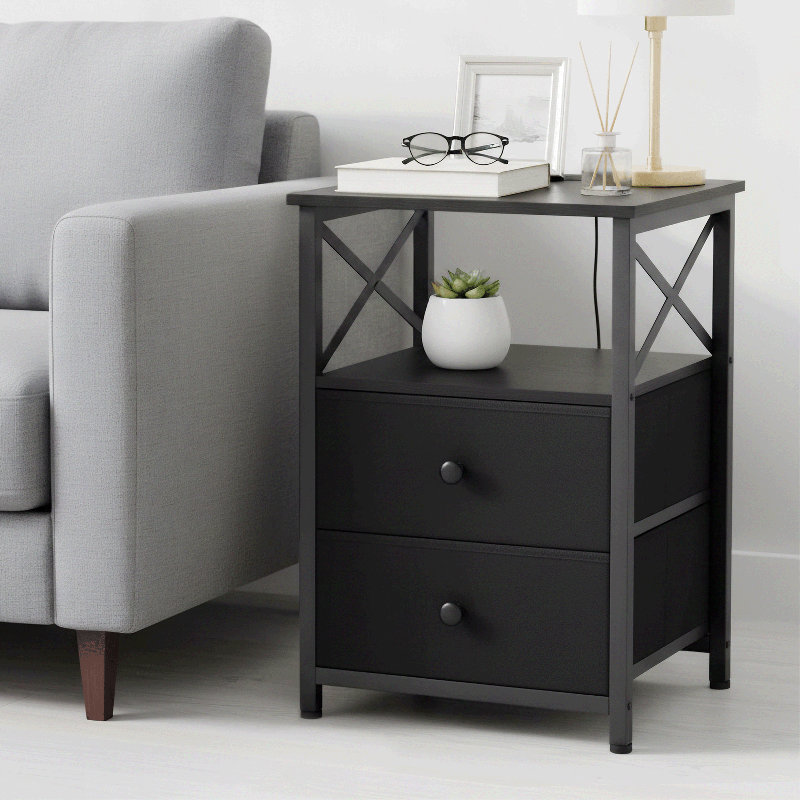 60cm H Small Nightstand with Charging Station, Black