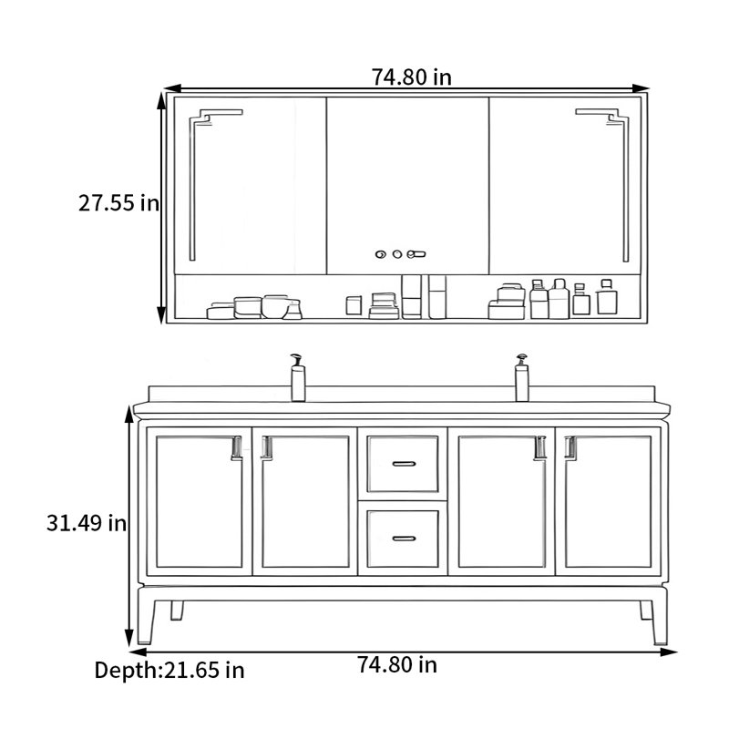 Armoire de salle de bain Mid Rock, H 31,49 po x l 74,8 po x P 21,65 po