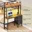 Lit superposé simple au-dessus de simple avec bureau et 3 tiroirs de rangement, lit mezzanine à DEL avec tablette de rangement et boîtes noires-1621170852