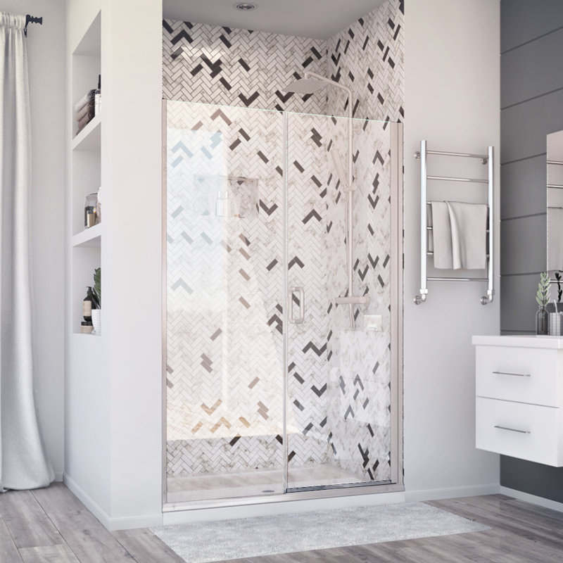 Porte de douche à charnière de luxe l 47 po x H 71,375 po avec panneau intégré en nickel brossé et verre transparent Deluxe
