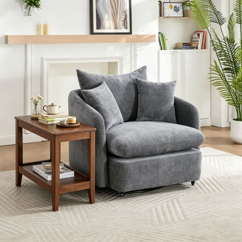 Ensemble de meubles de salon 2 pièces, fauteuil pivotant surdimensionné de 117 cm et table d'appoint à 2 niveaux en bois d'hévéa, fauteuil d'appoint en chenille avec 3 coussins et table d'appoint pour canapé