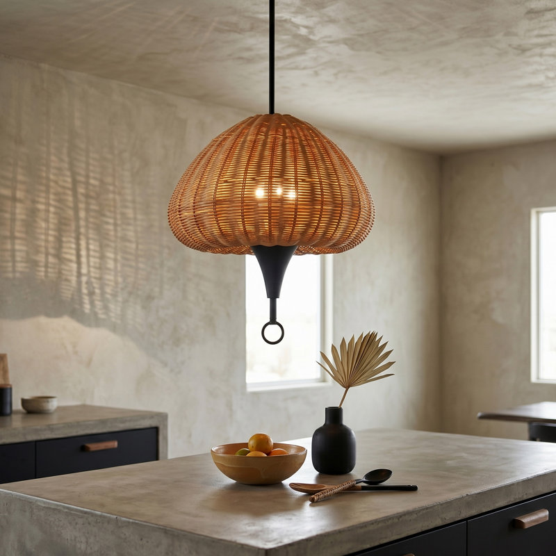 16" Organic Modern Rattan Pendant Light, 3-Light Woven Dome Chandelier with Matte Black Finish, Adjustable Height