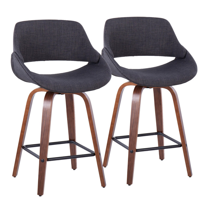 Najrin 26" Fixed-Height Fabric Counter Stool with Bent Wood Legs & Square Footrest (Set of 2), Charcoal