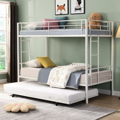 Metal Bunk Bed With Trundle White - , Comfortable For Twin White Strong, Noise- Construction
