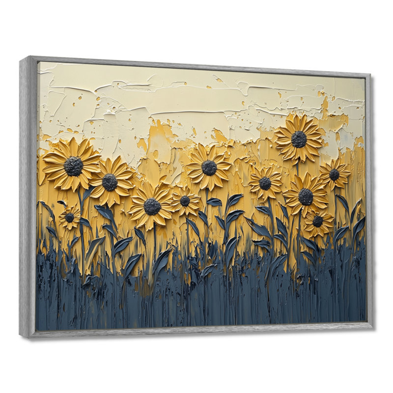 «Paint Effect On Golden Glow Sunflowers I» - art mural tournesols, H 12 po x l 20 po, Impression encadrée flottante