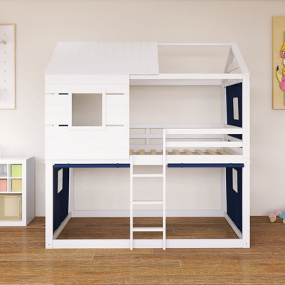 Wood Frame Full Size House Bunk Bed With Tent