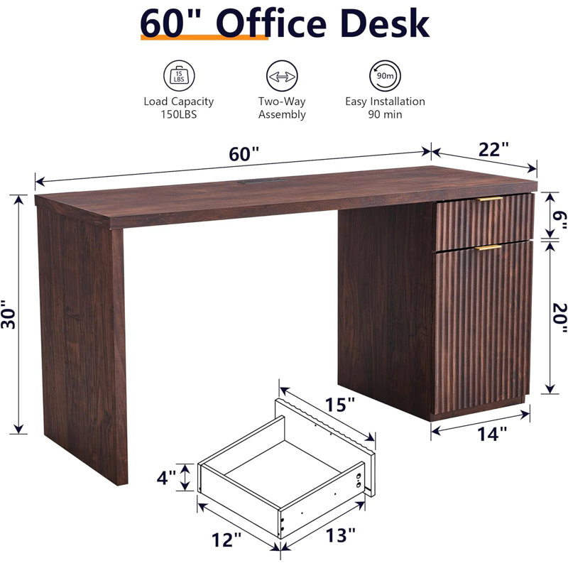 Modern Executive Desk With Power Outlet, Wood Home Office Desk With Drawer & Storage Cabinet, Dark Walnut