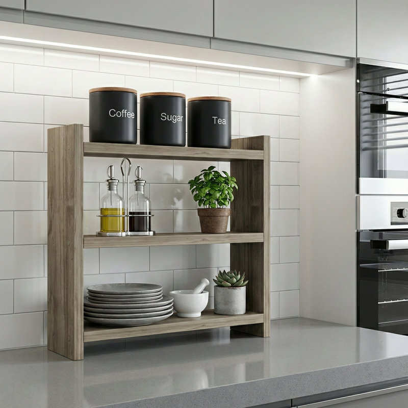 Tablette de rangement pour cuisine à 2 niveaux, 3, Noyer