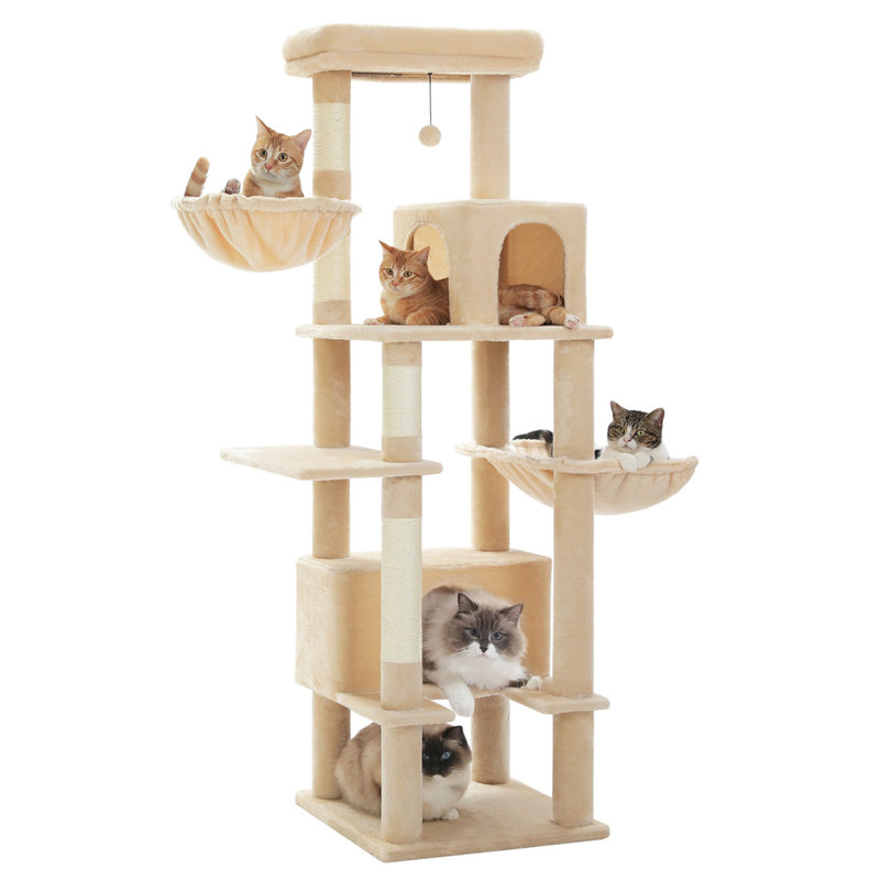 Beige 66" Sisal-Covered Cat Tower with Hammock and Condos