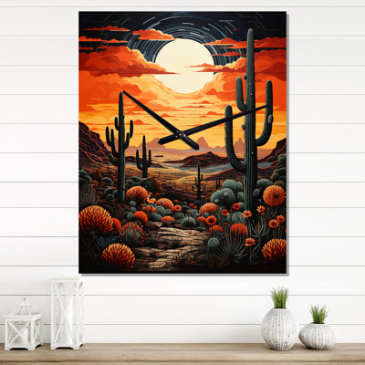 Horloge murale moderne à motif de cactus orange et jaune Saguaro