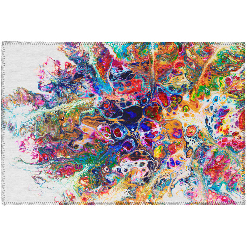 Tapis bleu / orange / rouge abstrait tissé à la machine, Rectangle 1 pi 8 po x 2 pi 6 po