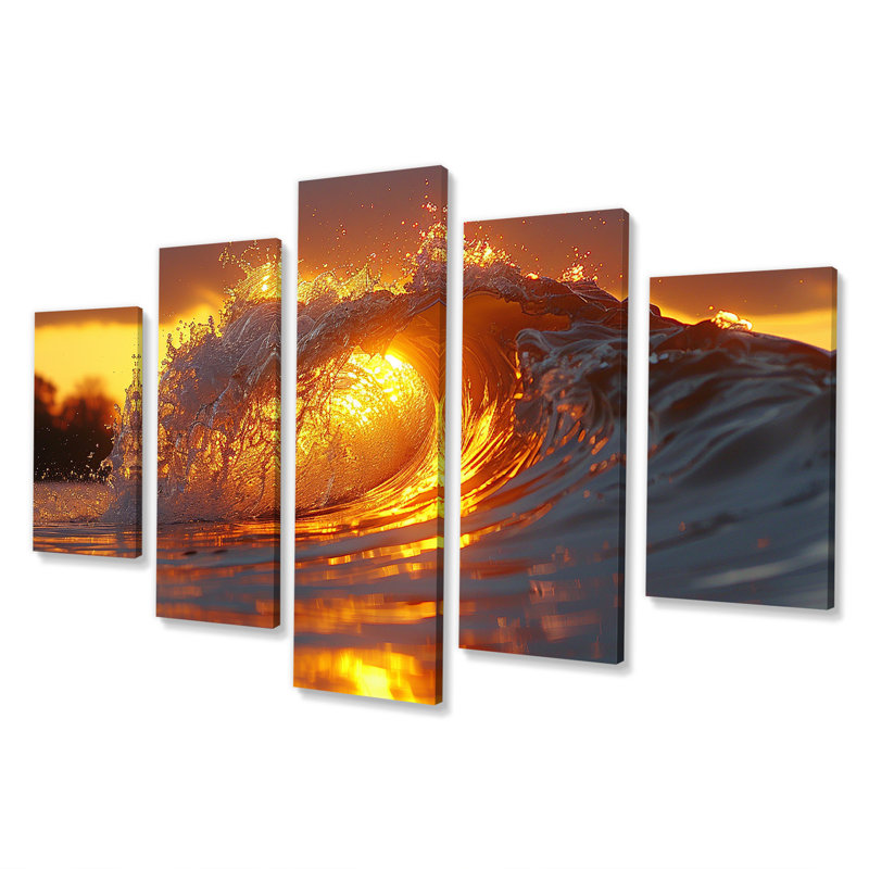 Coucher de soleil doré à travers Breaking Surf - ensemble d'art mural 5 vagues côtières