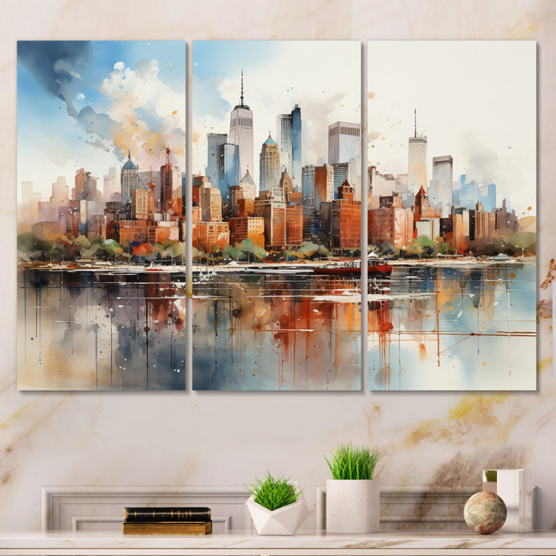 «Dreamy New York Scenery Retro Watercolor», ensemble d'art mural sur toile City New York, H 32 po x l 48 po x P 1 po