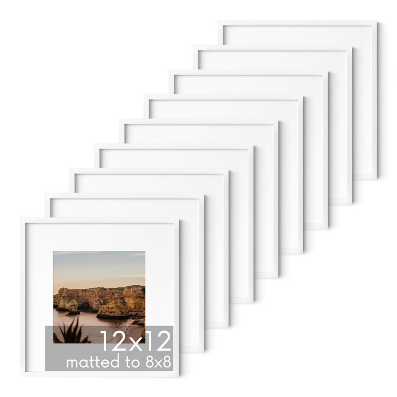 Solid Wood Picture Frame - Set of 9 with Mat, 12" W x 12" H, Solid Wood, White