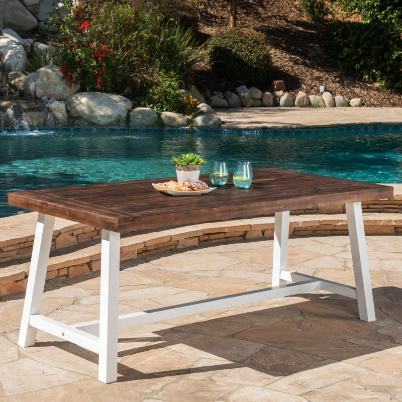 Table de salle à manger d'extérieur en bois et structure en métal rustique blanc, finition brun foncé, 29,5 po de hauteur, 70,0 po de largeur, 35,06 po de profondeur, 300 lb de capacité, pièces d'assemblage