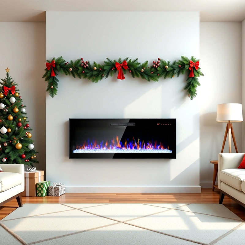 36 inch recessed  thin tempered glass front wall mounted electric fireplace with remote and multi color flame & emberbed, LED light heater