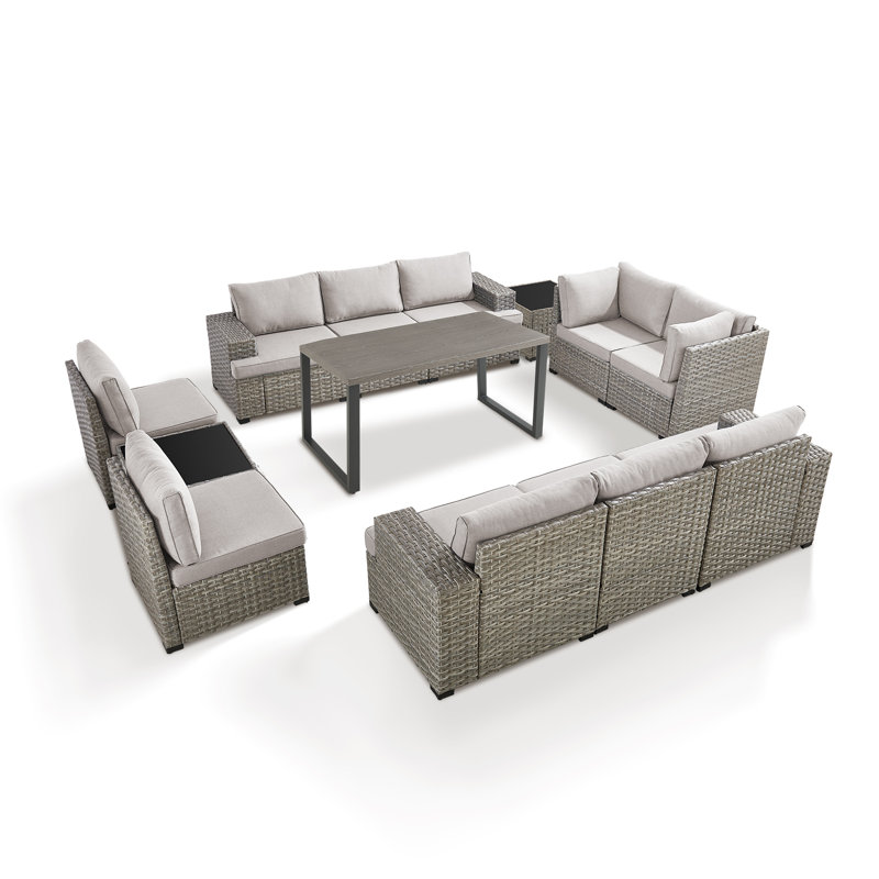 Clute Arnoltice 10 - Person Outdoor Wicker Rattan Patio Sectional Seating Group With Armless Chairs And Dining Table, Beige