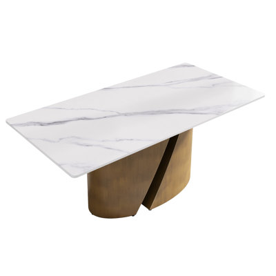 Table en pierre frittée blanche avec pieds en métal et bronze - Convient à 6 sièges de salle à manger en bronze pour 8 personnes