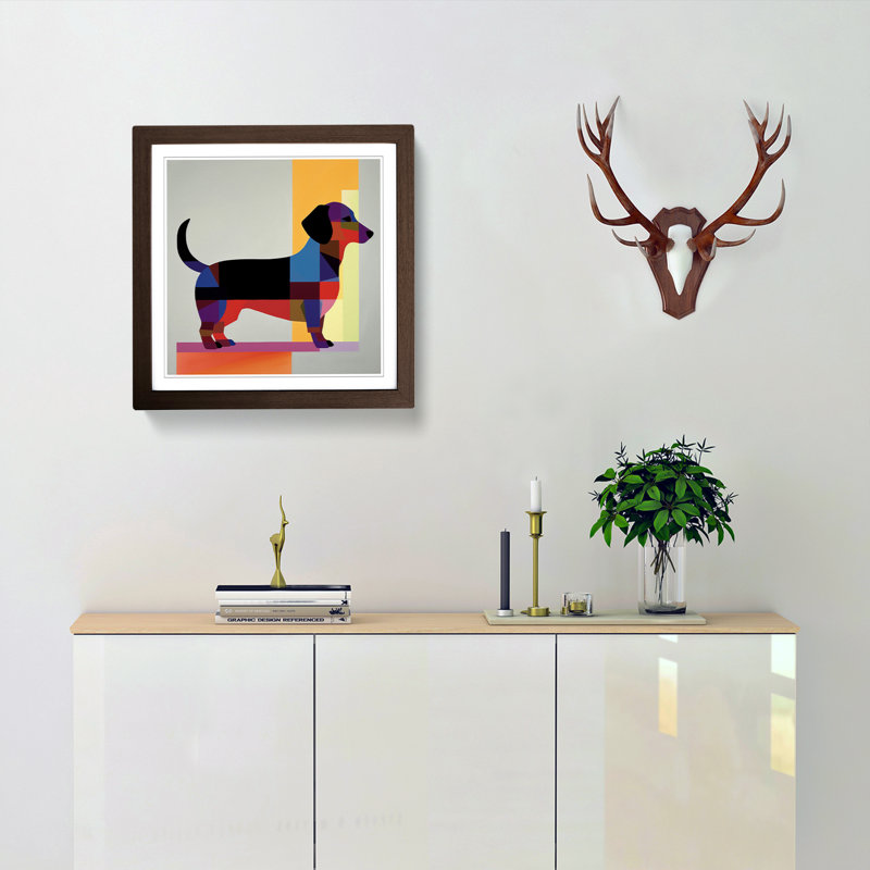 Dachsund Suprematism No.2 - Single Picture Frame Print on Wood, Walnut