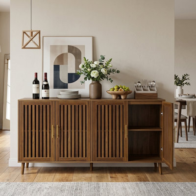 Armoire de rangement Mid-Century moderne en noyer avec buffet à lattes de 63 po avec tablettes réglables et pieds en bois massif