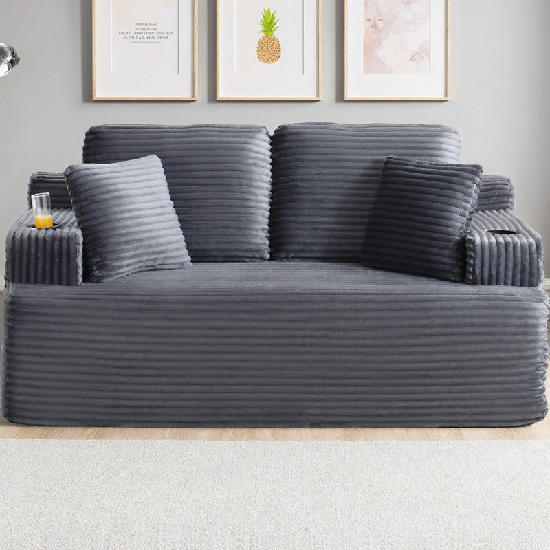 Canapé de 66,5 po de style nuage sans os, canapé 2 places avec porte-gobelet et poches latérales, canapé en velours côtelé moderne à profil bas sans assemblage requis pour les petits espaces