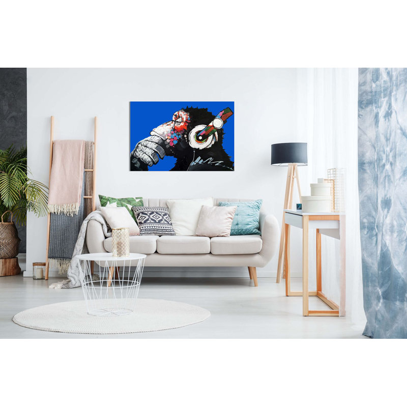 Cool Ape With DJ Heaphones - Wrapped Canvas Print, 20cm H x 31cm W, Blue