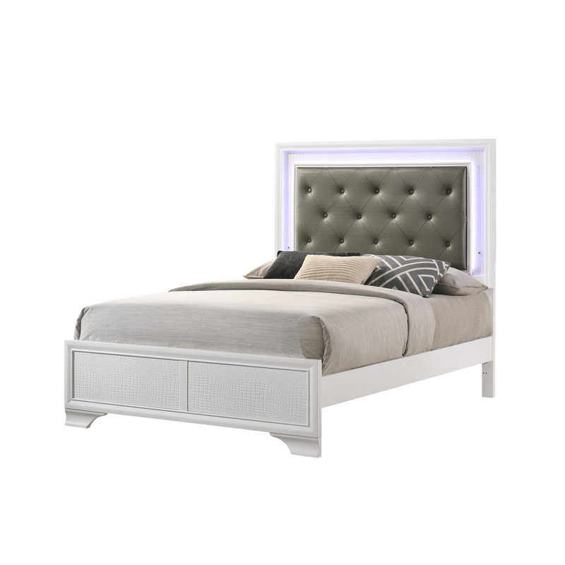 Lit à panneau tapissier Brune avec lumières DEL. Lit plateforme, lits, Lit simple, Blanc