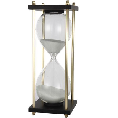30-Minute Hourglass Timer with White Sand and Gold Metal Frame, 9” Decorative Timepiece for Desk, Mantel, Tabletop, Kitchen, or Office