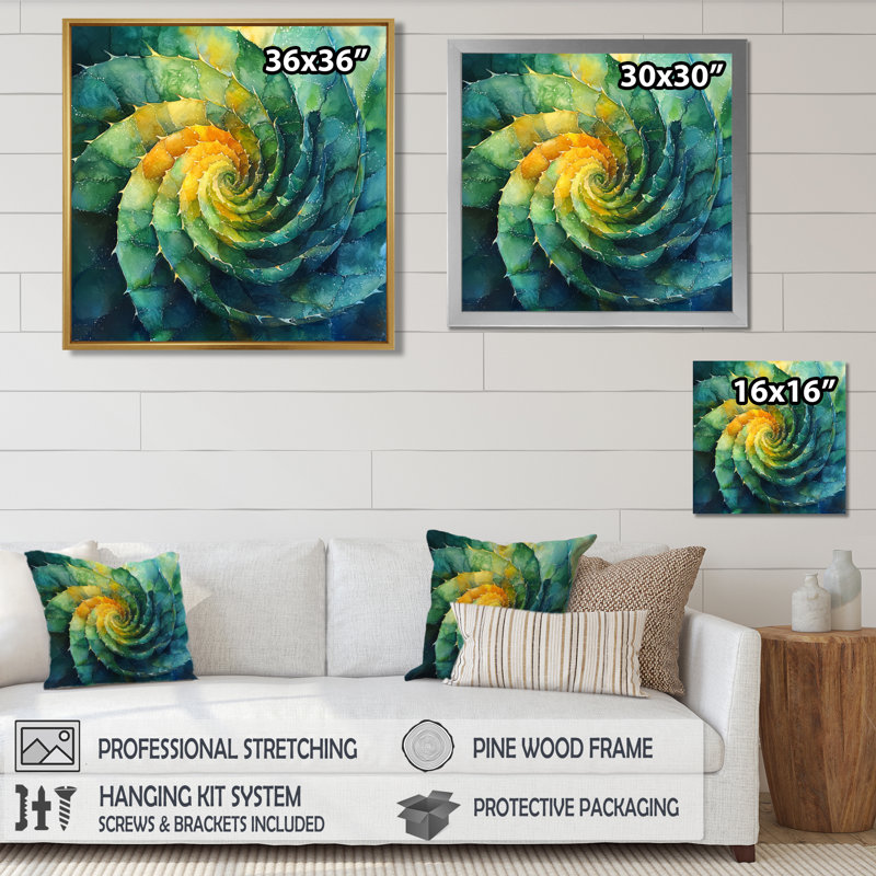 Géométrique, spirale, feuille d'aloès, plante grasse II, Impression encadrée flottante, Crème, crème, H 16 po x l 16 po