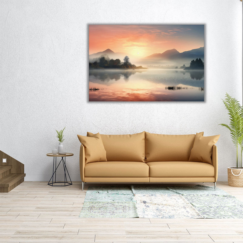"Lac brumeux au lever du soleil", H 32 po x l 48 po