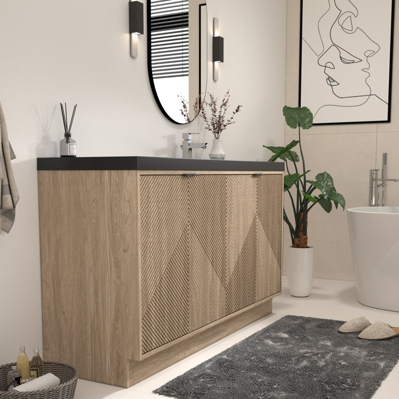 Monterey 59" Freestanding Bathroom Vanity + Reinforced Black Acrylic Right Sink, Light Brown, Right