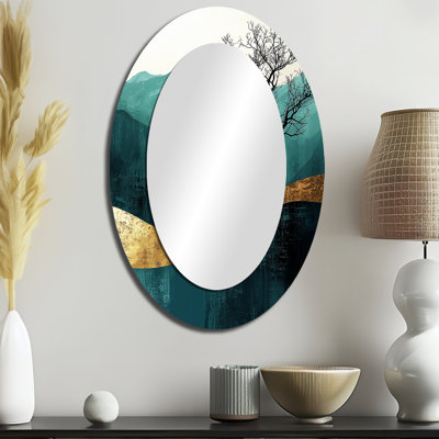 Arbre décoratif silencieux en harmonie dorée émeraude - Paysages, miroir ovale décoratif sur métal
