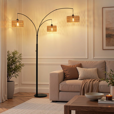 Lampe sur pied arquée Aarzo 78,7 po à 3 lumières avec abat-jour en corde tressée et bras ajustables