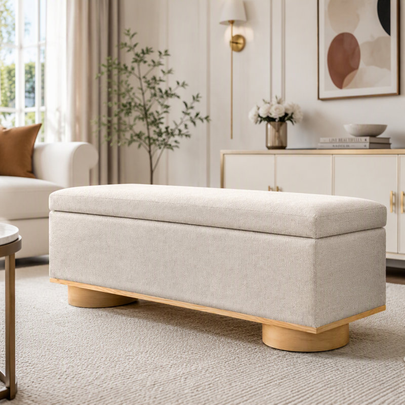 Pouf coffre moderne rembourré pour chambre ou entrée, avec compartiment caché spacieux et siège confortable.