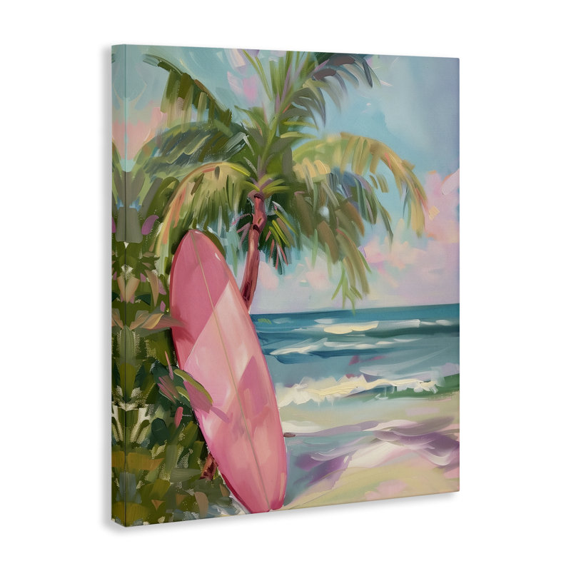 Planche de surf rose sur toile de plage, design par Arlington Prints, H 20 po x l 16 po