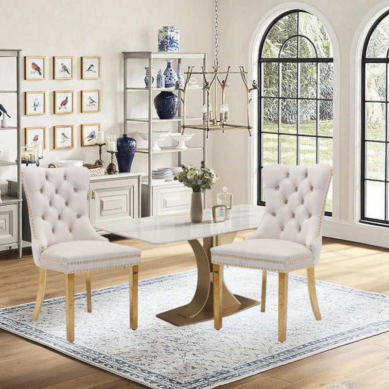 Chaise de salle à manger en velours avec anneau à dossier et pieds en bois massif, Beige, Doré, 2