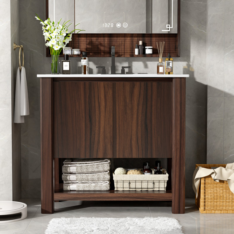 Meuble-lavabo moderne avec grand rangement, lavabo en céramique, portes à fermeture douce et tablette ouverte, Brun antique