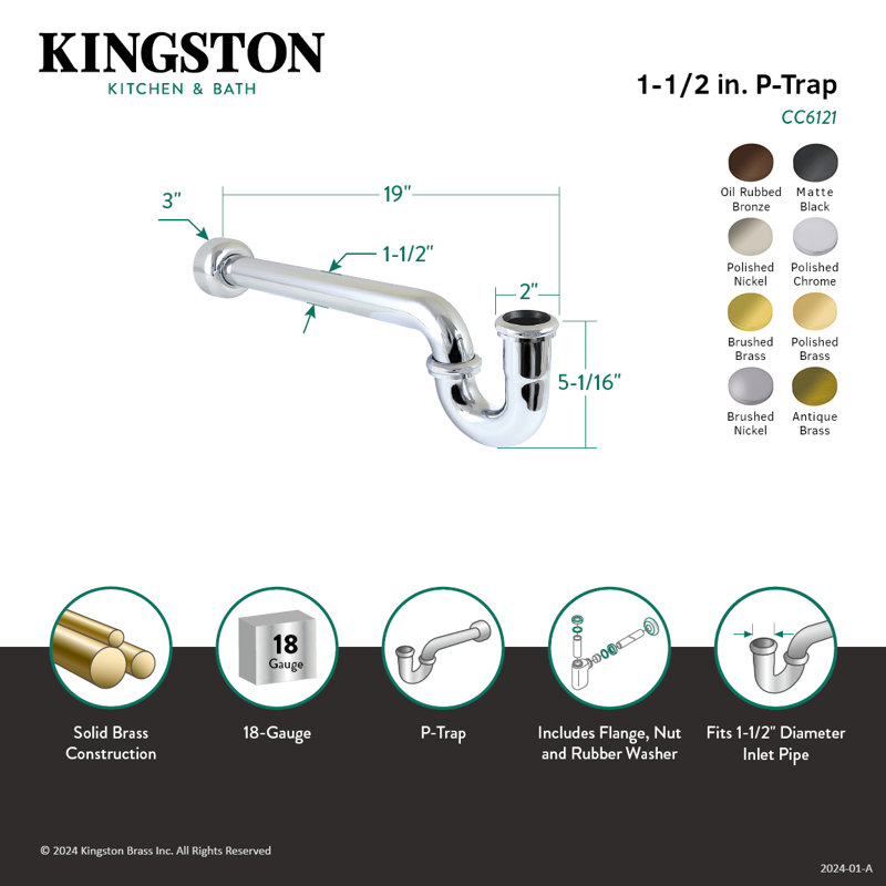 Kingston Brass 1-1/2 Inch Decor P-Trap with High Box Flange, 19 Inch Length, 18 Gauge, Brushed Nickel