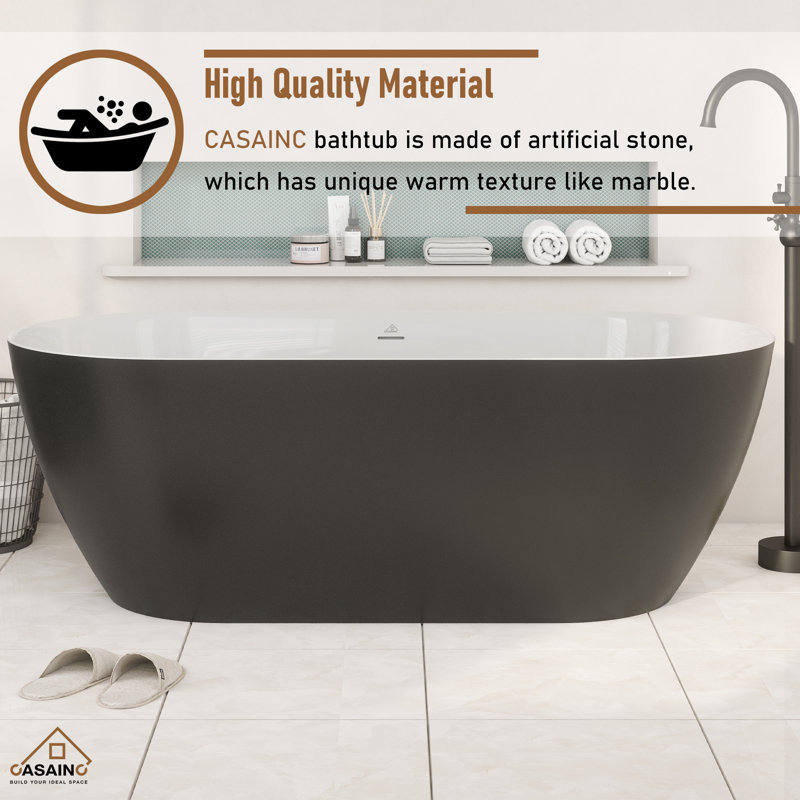 Baignoire autoportante à surface solide de 67 po x l 31 po avec robinet, Noir