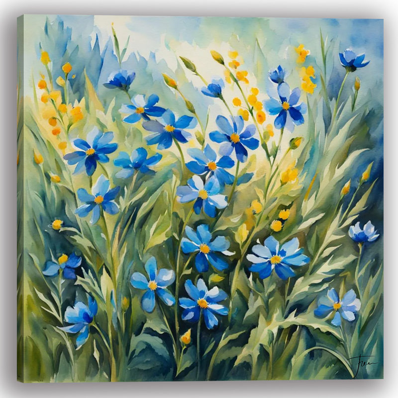 «Blue and Yellow Blossoms in a Summer Breeze», art mural sur toile tendue, H 12 po x l 12 po x P 1 po