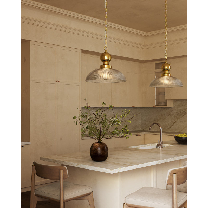Luminaire suspendu en or brossé 16 po avec verre côtelé transparent, Or brossé