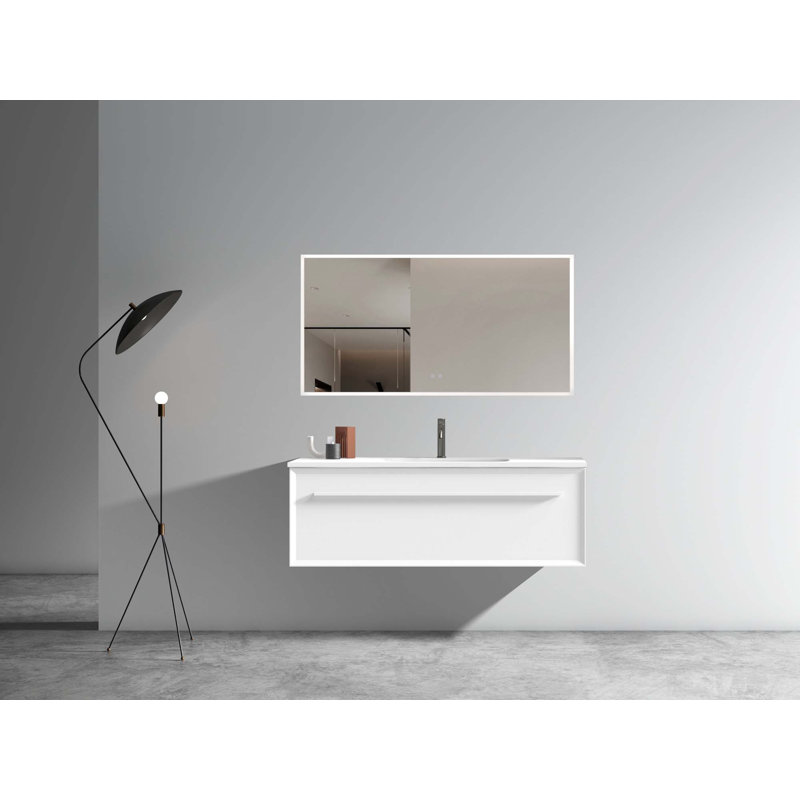 Meuble-lavabo mural moderne avec lavabo à surface solide, Blanc, Blanc