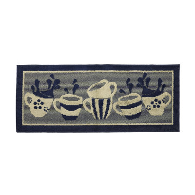 Beles Home Decor Luxury Non-Slip Rubber Backing Safety Water Absorbent Soft Durable Woven Runner Area Carpet Floor Area Mat Indoor Interior Jacquard Decorative Kitchen Rug, Navy Blue Coffee Cup Oblong, 20 x 48 Inch
