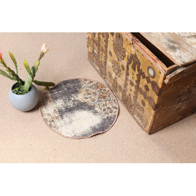 Chic tapis rond turc idéal comme tapis de porte ou dans le vestibule avec un élégant motif Oushak délavé