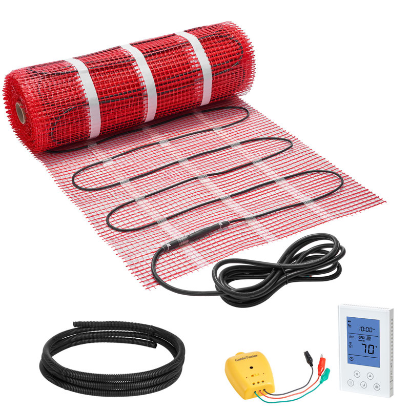 Système de tapis chauffant auto-adhésif en maille de 50 pieds carrés, système de plancher chauffant électrique radiant 120 V, avec thermostat et alarme à contrôle intelligent, installation facile pour les carreaux, la pierre, le vinyle