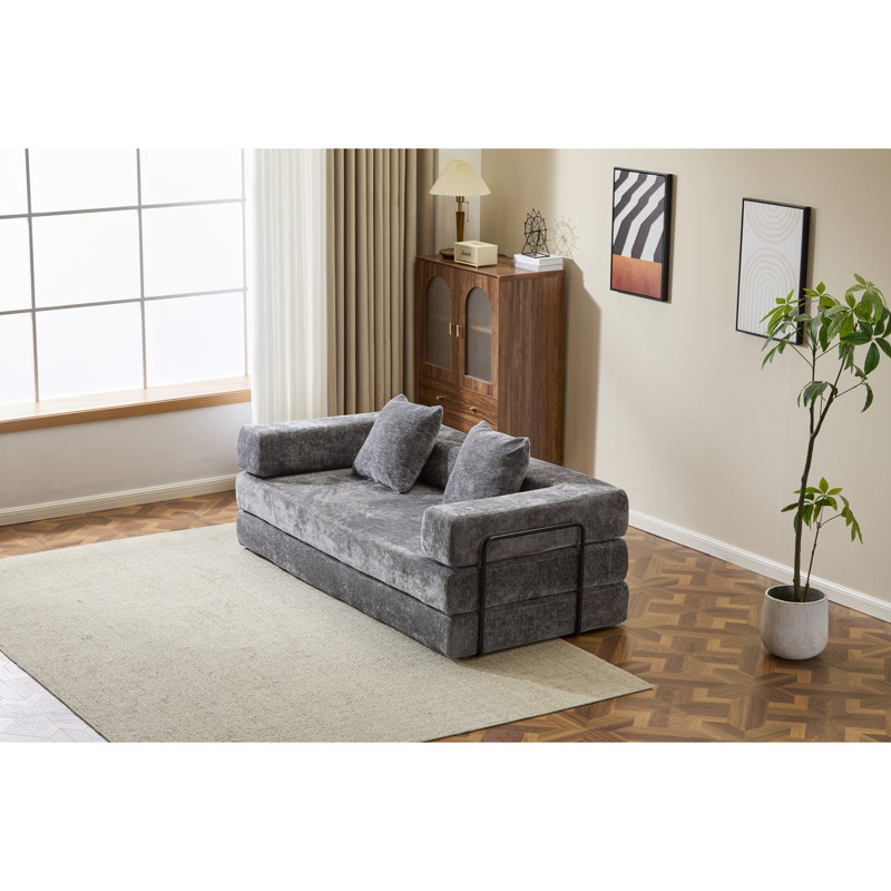 Dark Grey Comfy Futon Bed With Back Support And Armrest, Convertible Design, High - Quality Chenille, Memory Foam Filler, For Living Room Floor Pillow 3 Seat, Foam, Nap