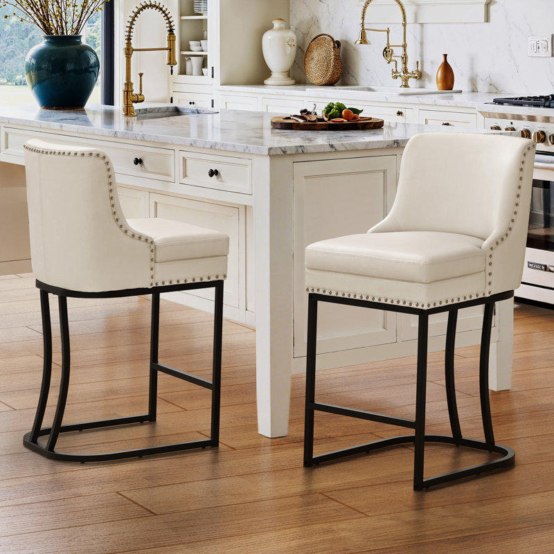 26''H Upholstered Counter Stools (Set Of 2), 2, Ivory/Faux Leather 
