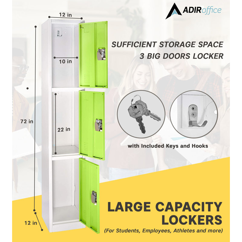 Green 72" Triple-Compartment Steel Storage Locker with Key Lock