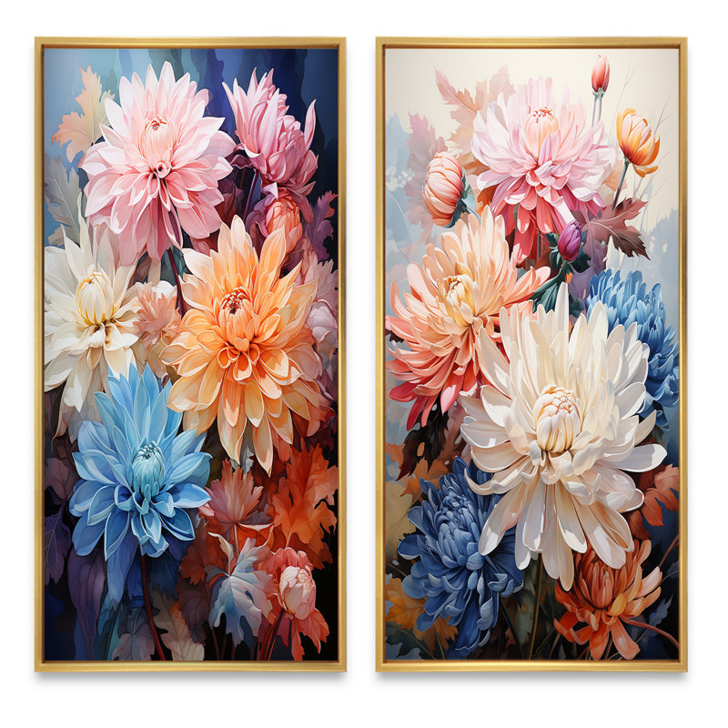 «Mums Représentation multicolore acrylique», 2 pièces sur toile, Encadrement doré, H 20 po x l 24 po