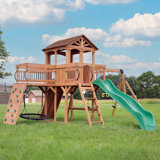 Backyard Discovery Sterling Point Cedar Wood Swing Set with Wave Slide, Clubhouse, Wooden Bridge, and Rock Wall